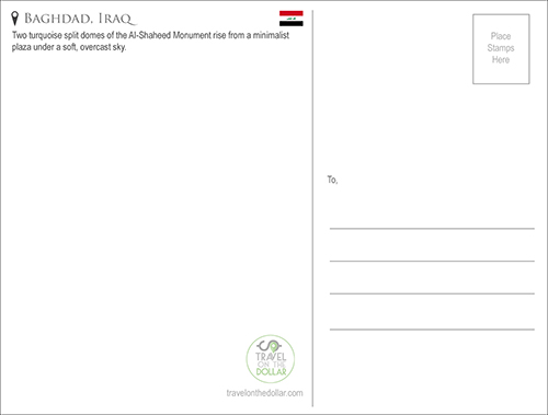 Baghdad, Iraq Travel Postcard 2 Martyr's Monument, Baghdad, Iraq Travel Postcard